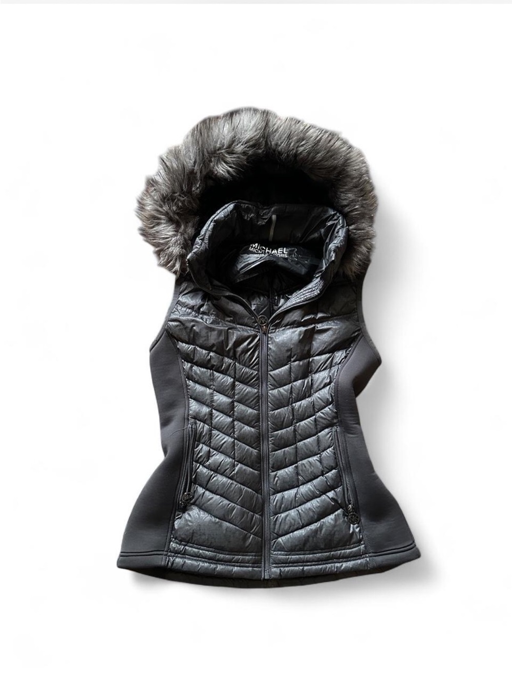 Michael Kors Women's dark grey and light grey Quilted Vest with Faux-Fur Hood